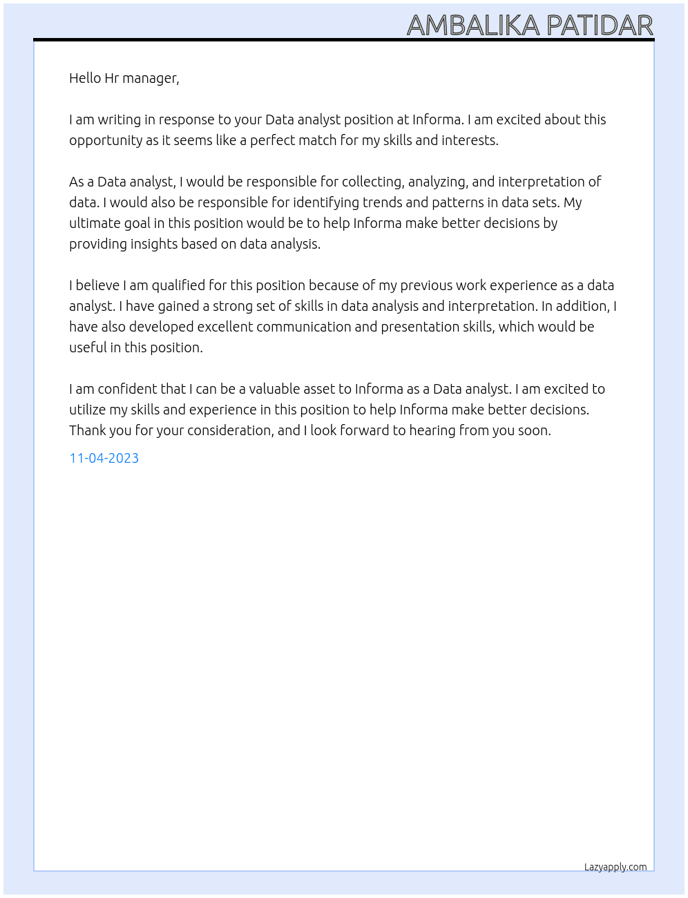 Data analyst  At Informa Cover Letter