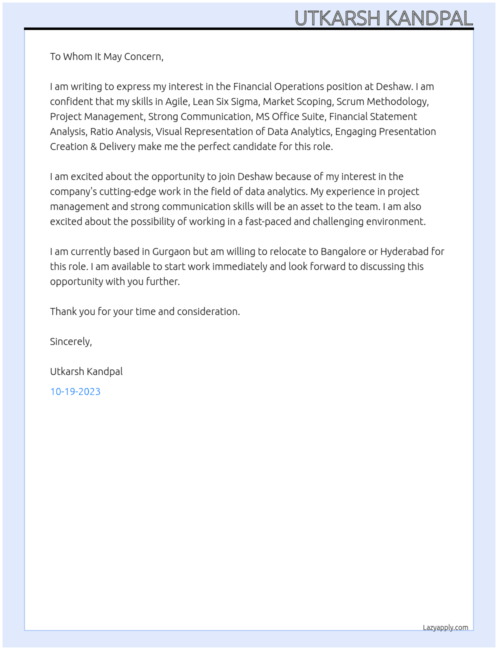 Financial Operations At deshaw Cover Letter