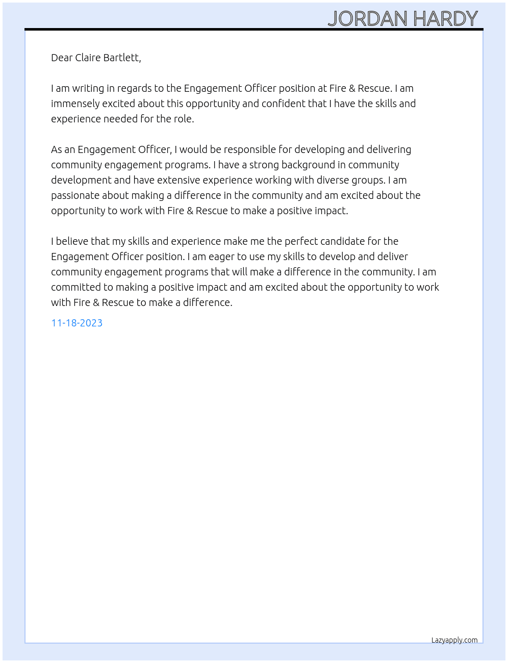 Engagement Officer At Fire & Rescue  Cover Letter