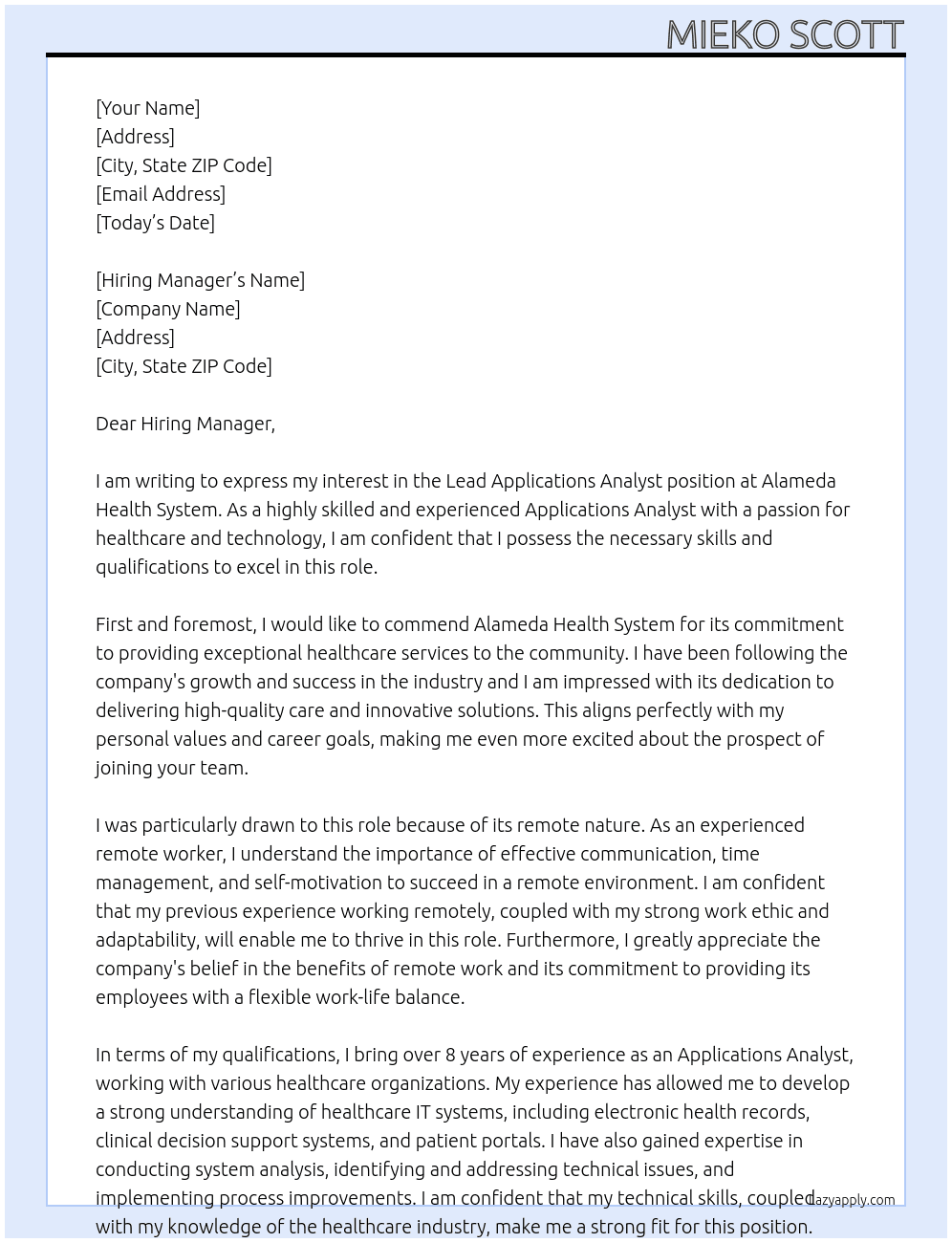 Lead Applications Analyst At Alameda Health System  Cover Letter