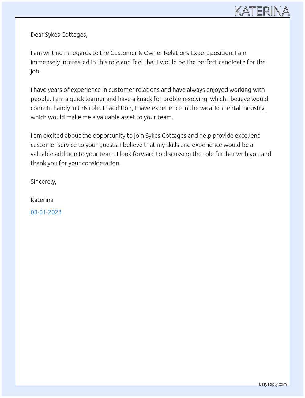 Customer & Owner Relations Expert At Sykes Cottages Cover Letter