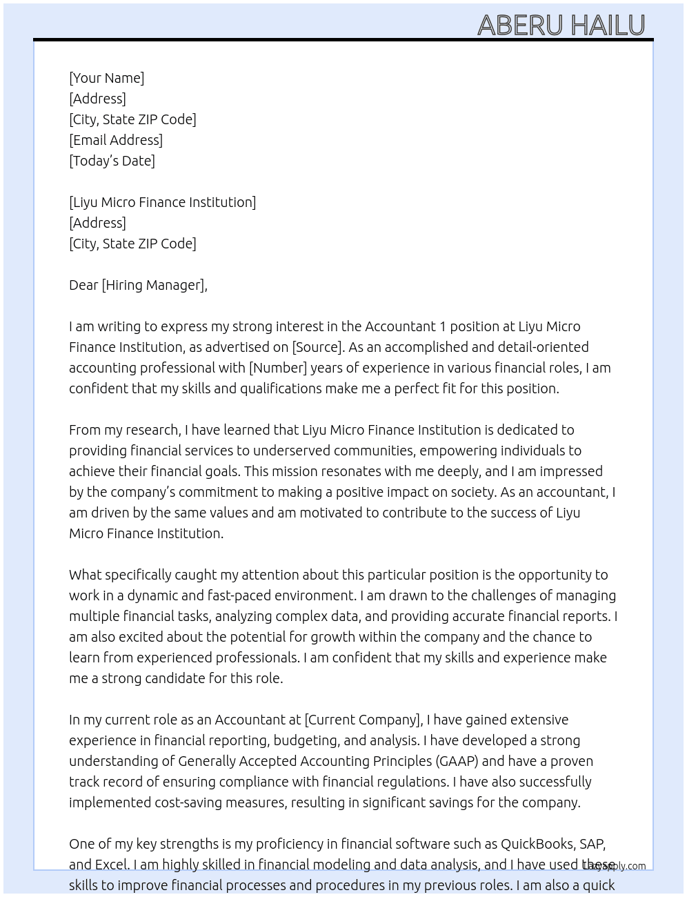 Accountant 1 At Liyu Micro Finance Institution Cover Letter