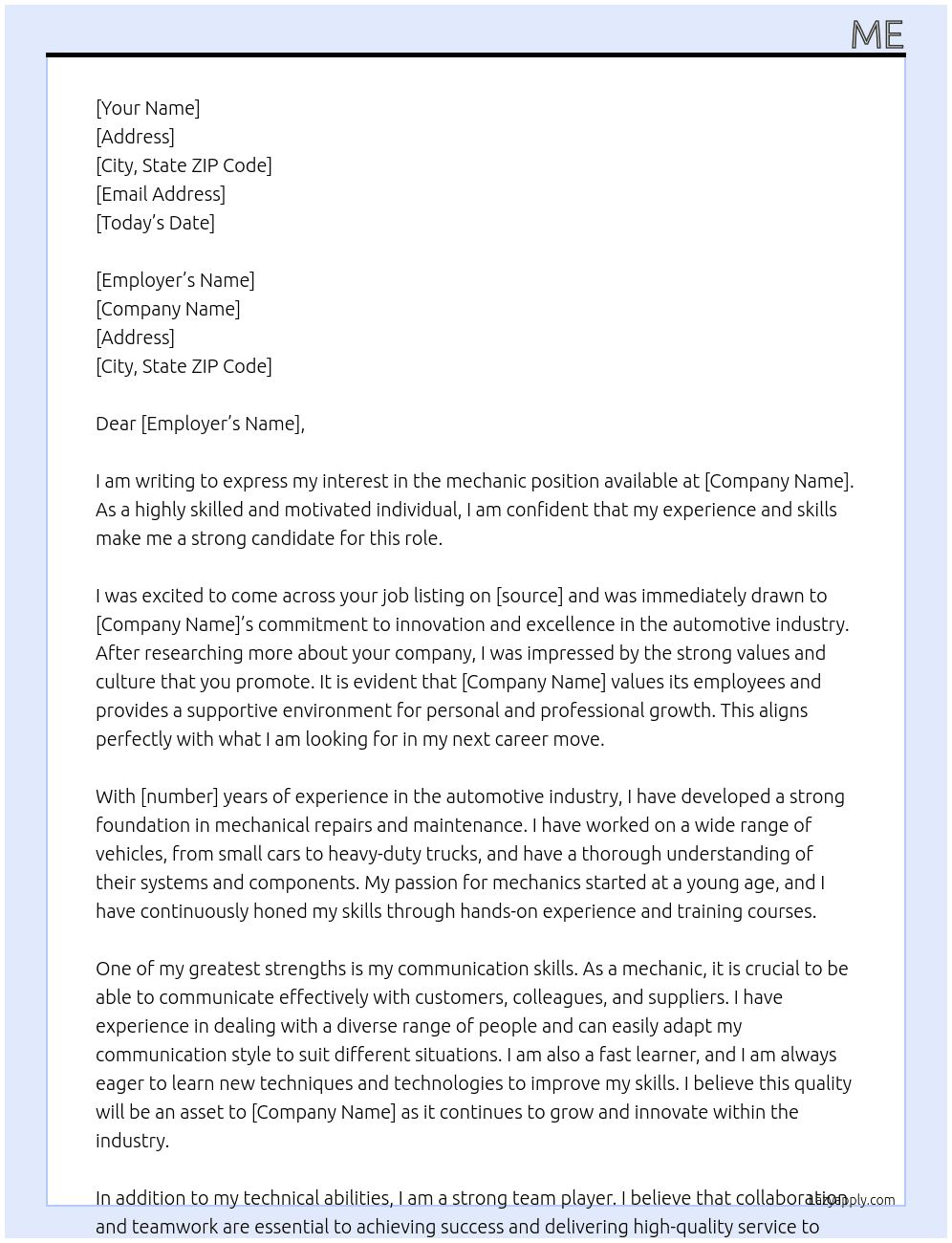mechanic At you Cover Letter