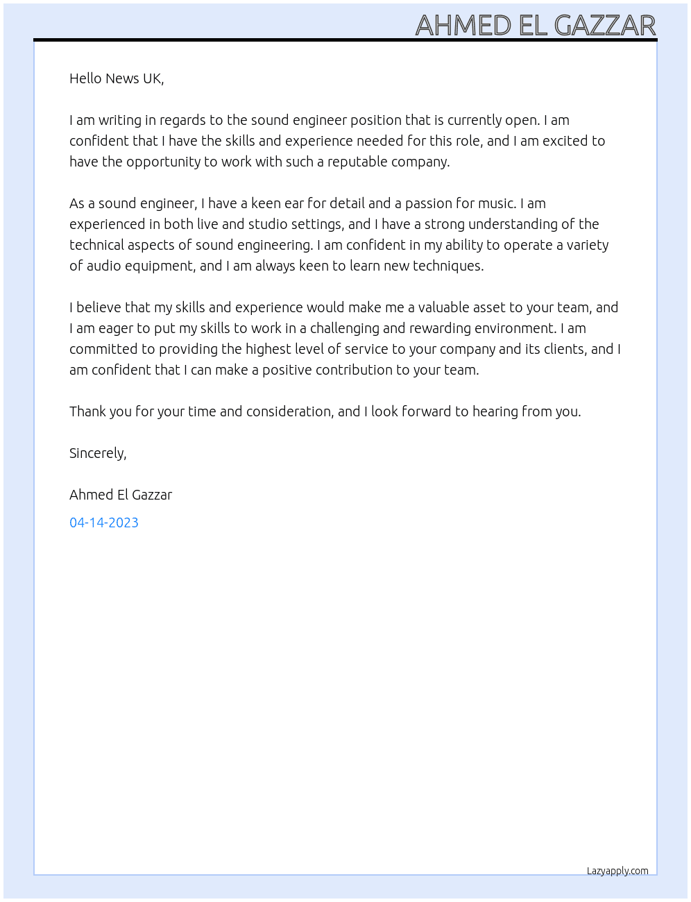 Sound engineer At News uk Cover Letter