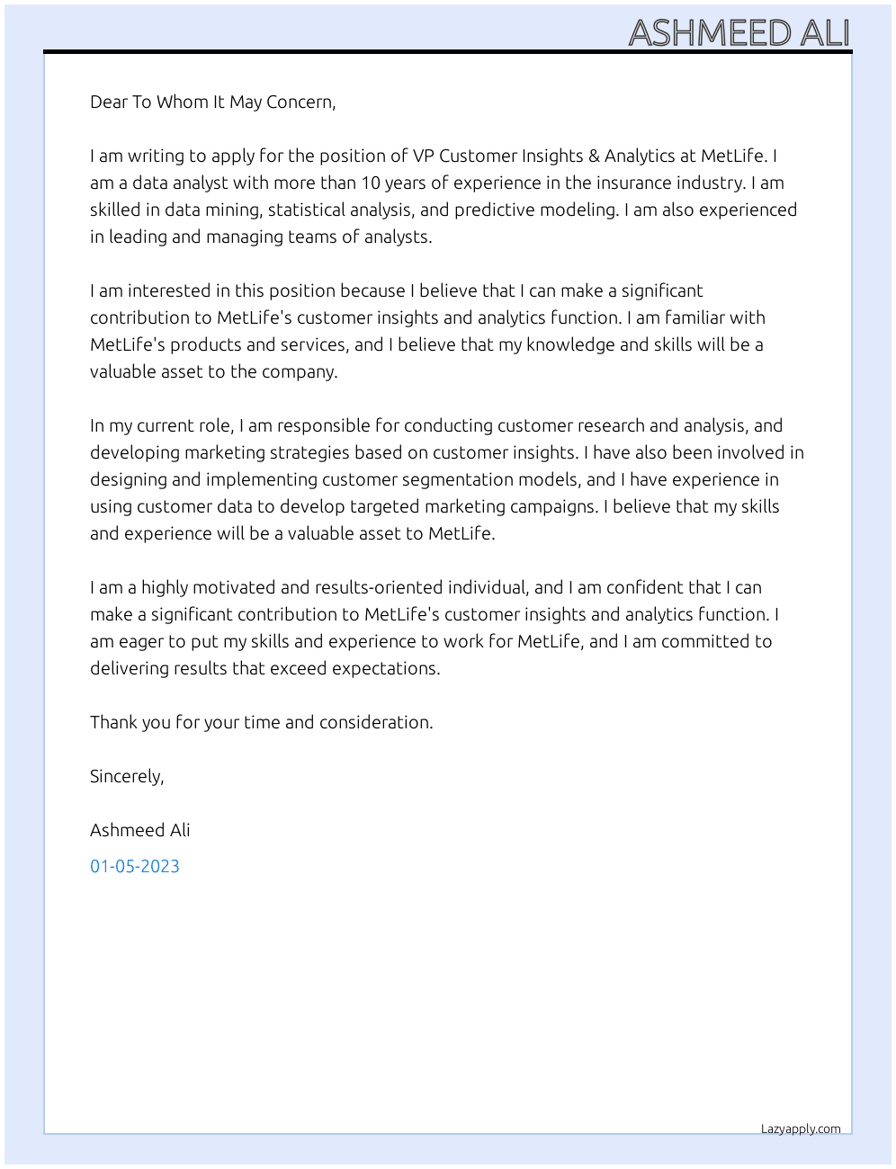 VP Customer Insights & Analytics At MetLife Cover Letter