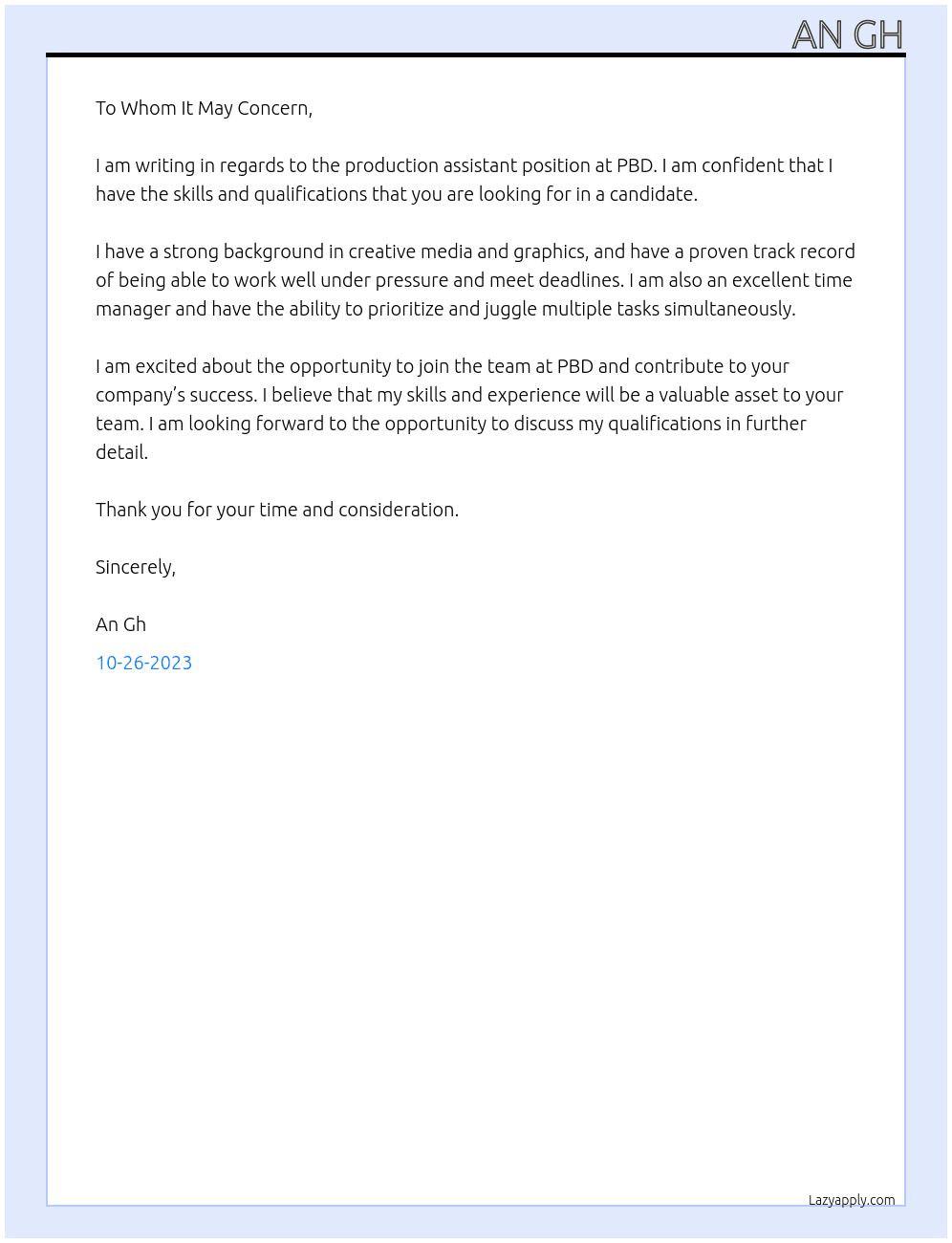 production assistant At PBD Cover Letter