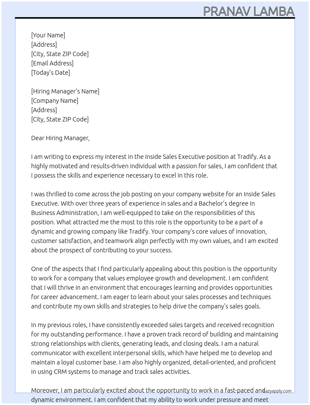 Inside Sales Executive At Tradify Cover Letter