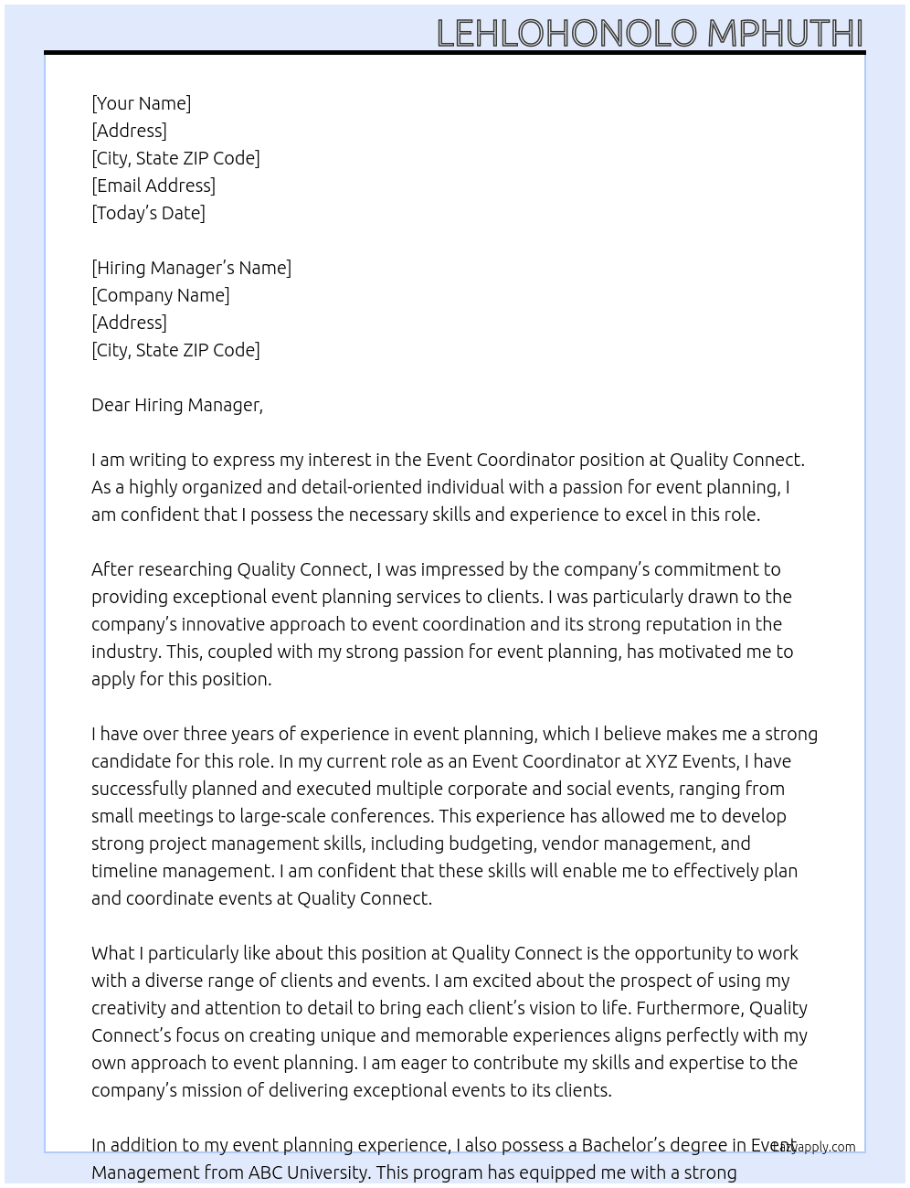 Event Coordinator  At Quality connect  Cover Letter