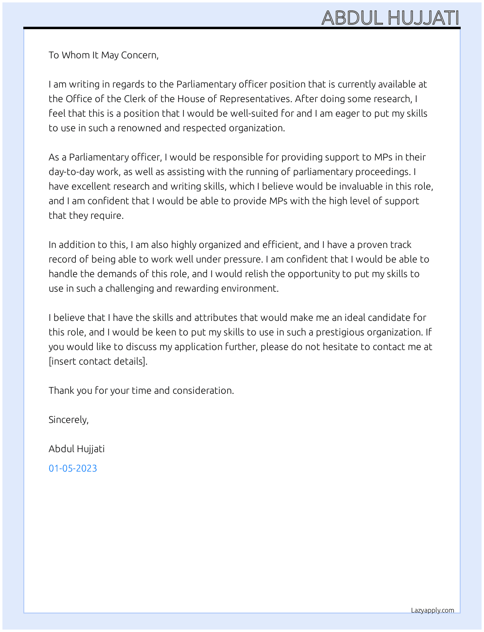 Cover letter for parliamentary officer - LazyApply