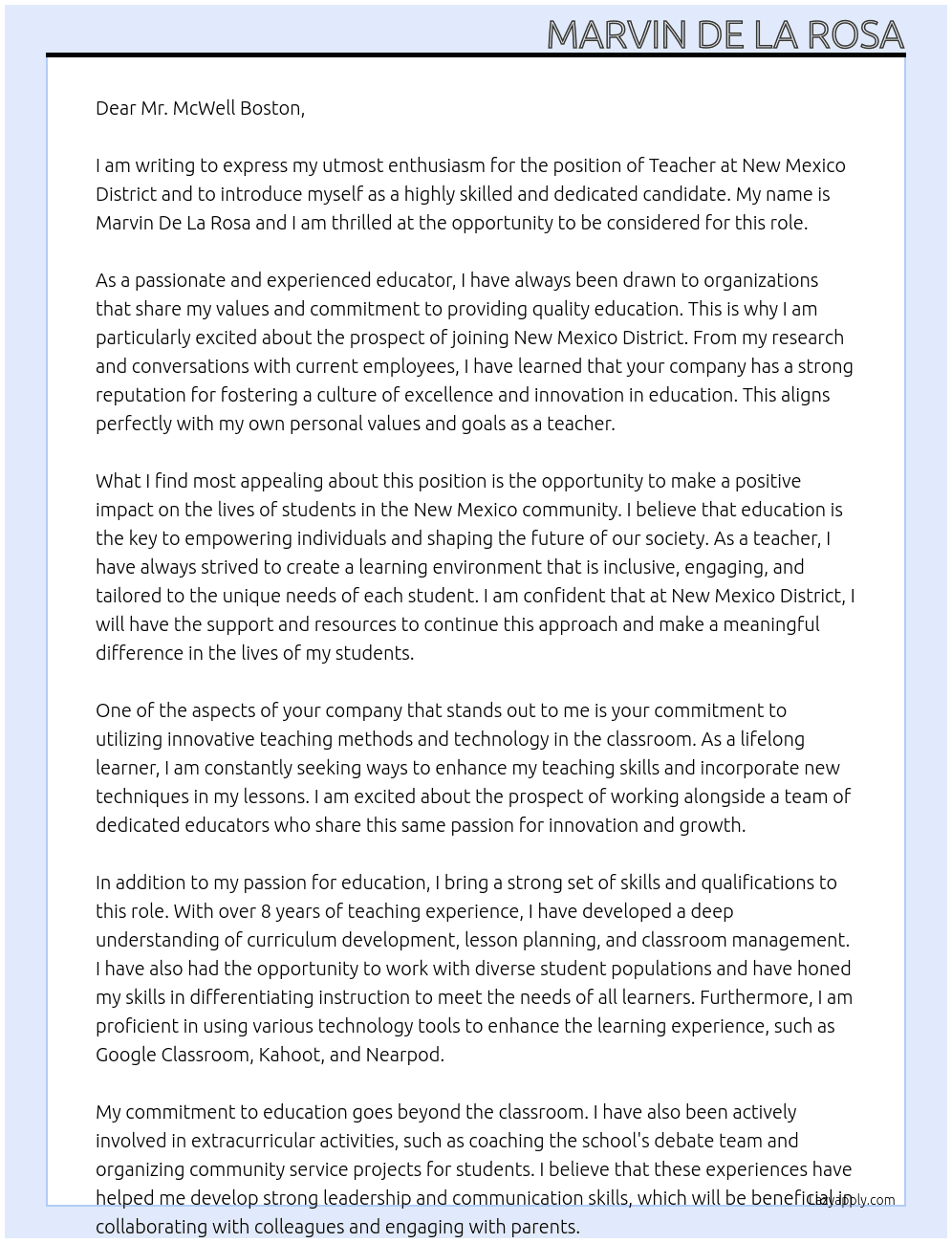 TEACHER At NEW MEXICO DISTRICT Cover Letter
