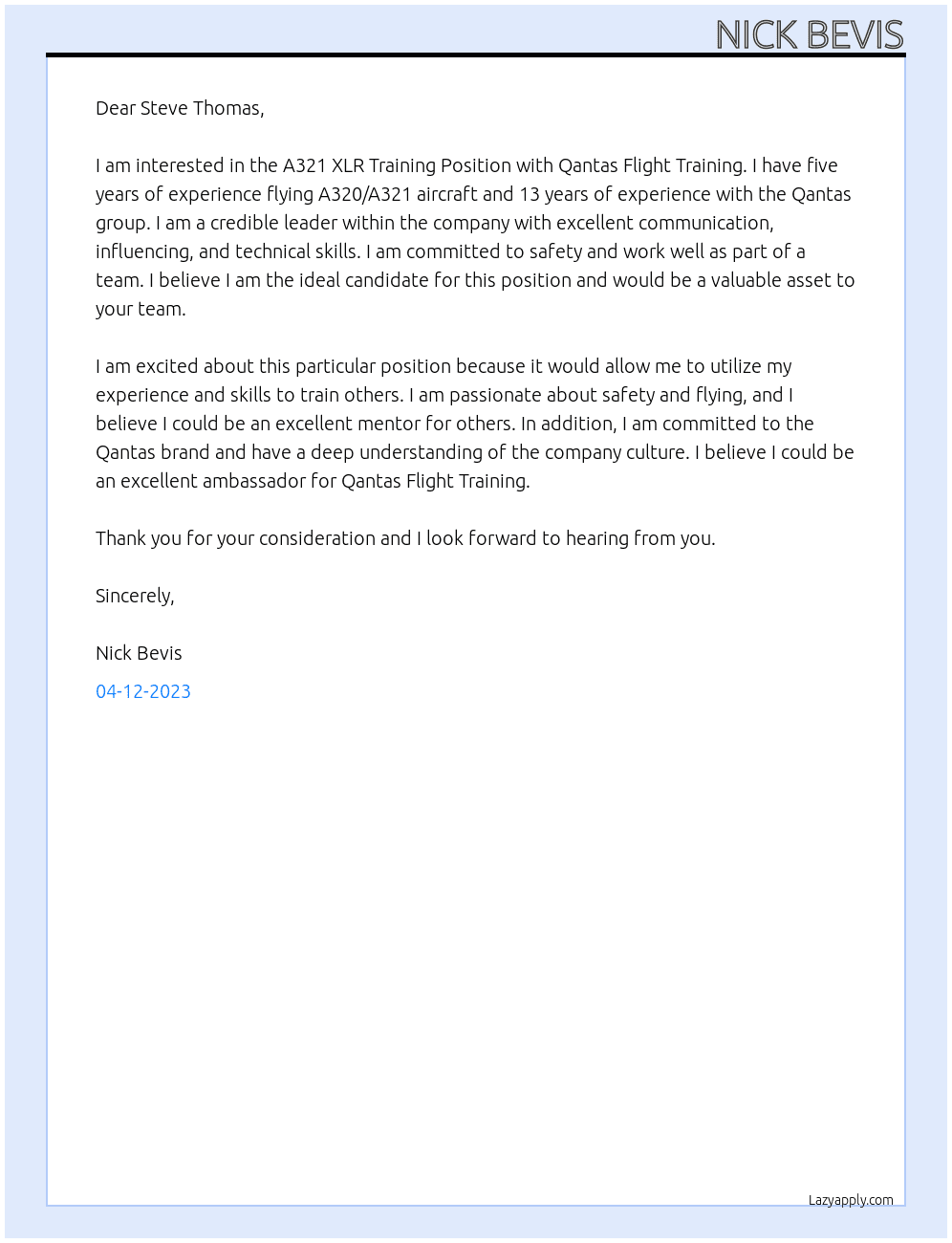 A321 XLR Training Position At Qantas Flight Training  Cover Letter