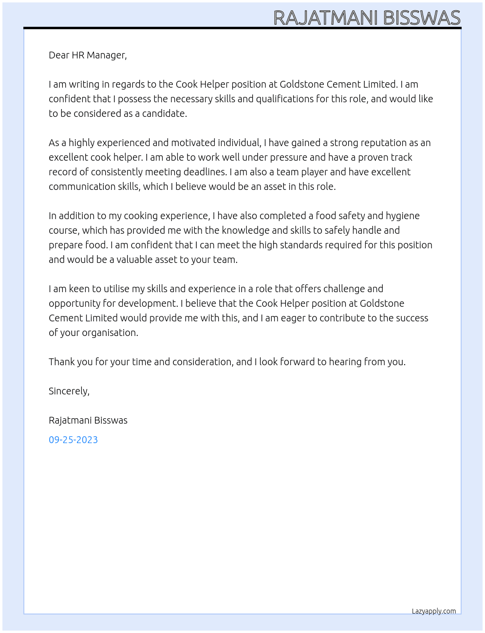 Cook Helper At Goldstone Cement Limited  Cover Letter
