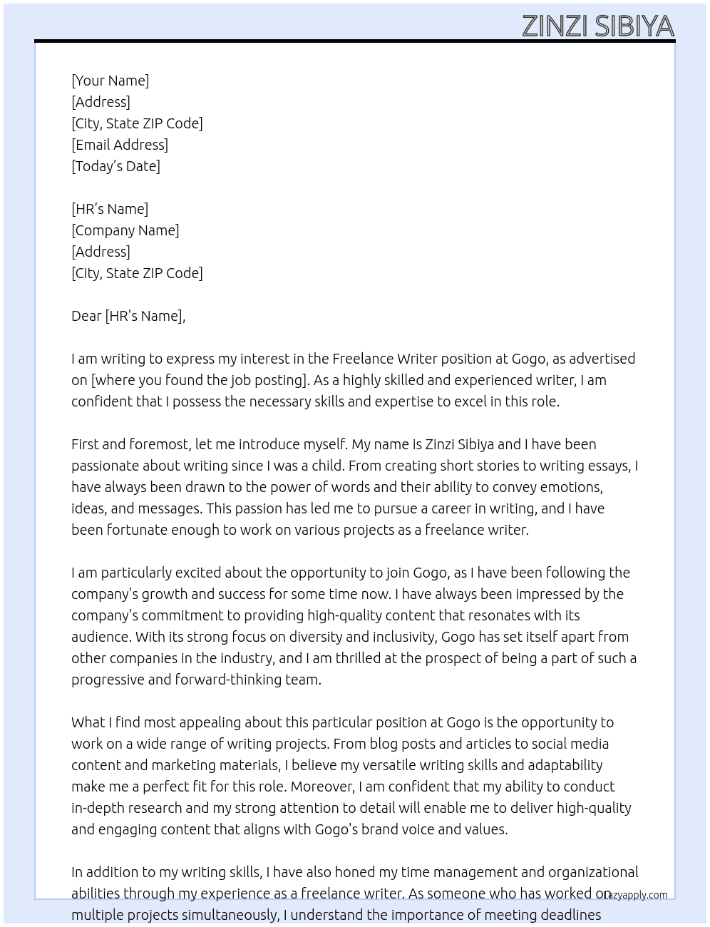 freelance writter At gogo Cover Letter