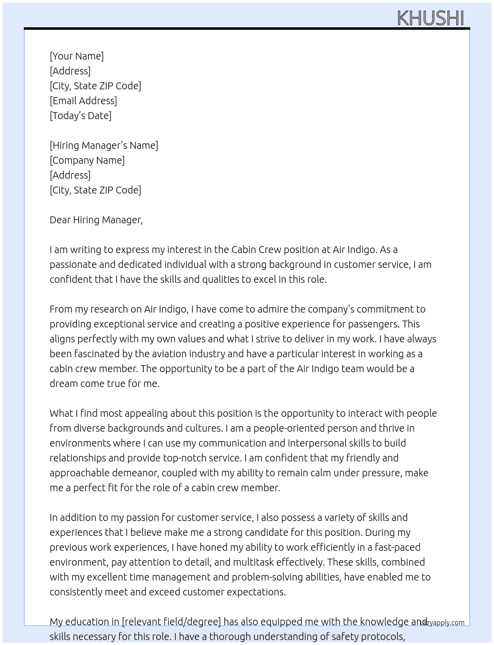 Cabin crew  At Air indigo  Cover Letter
