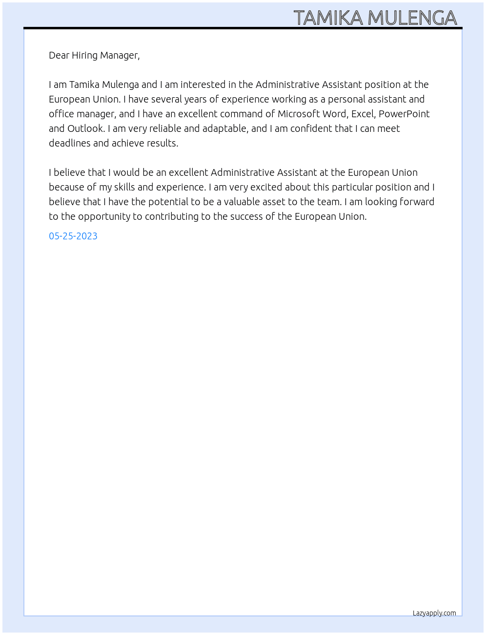 Administrative Assistant  At European Union Cover Letter