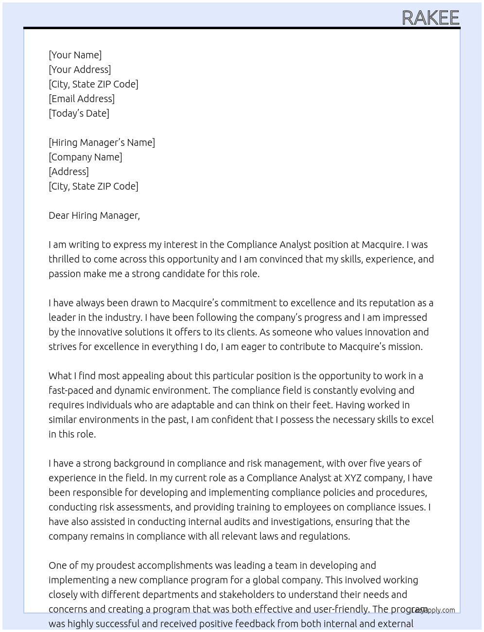 Compliance Analyst At Macquire Cover Letter