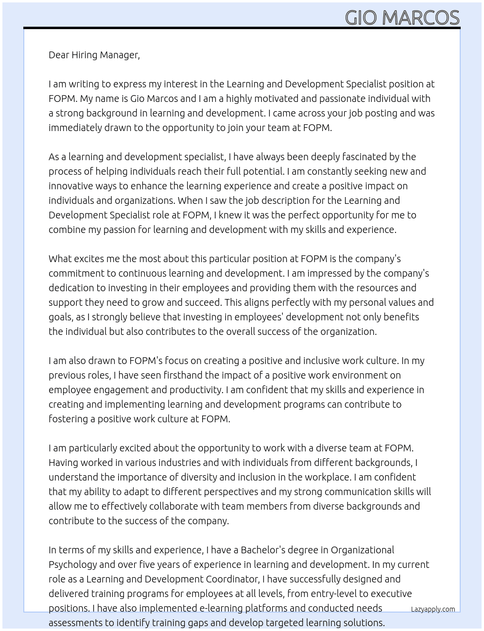 Learning And Development Specialist At FOPM Cover Letter