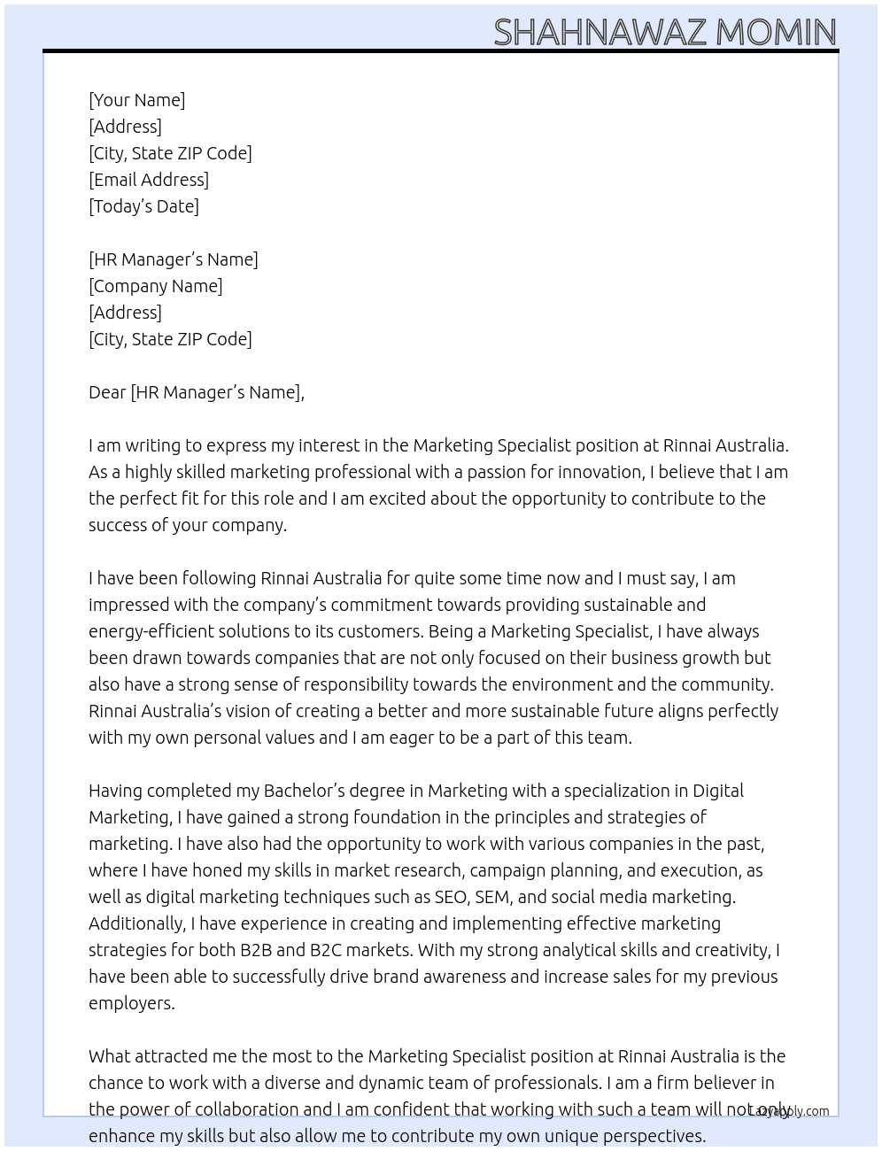 Marketing Specialist At Rinnai Australia Cover Letter