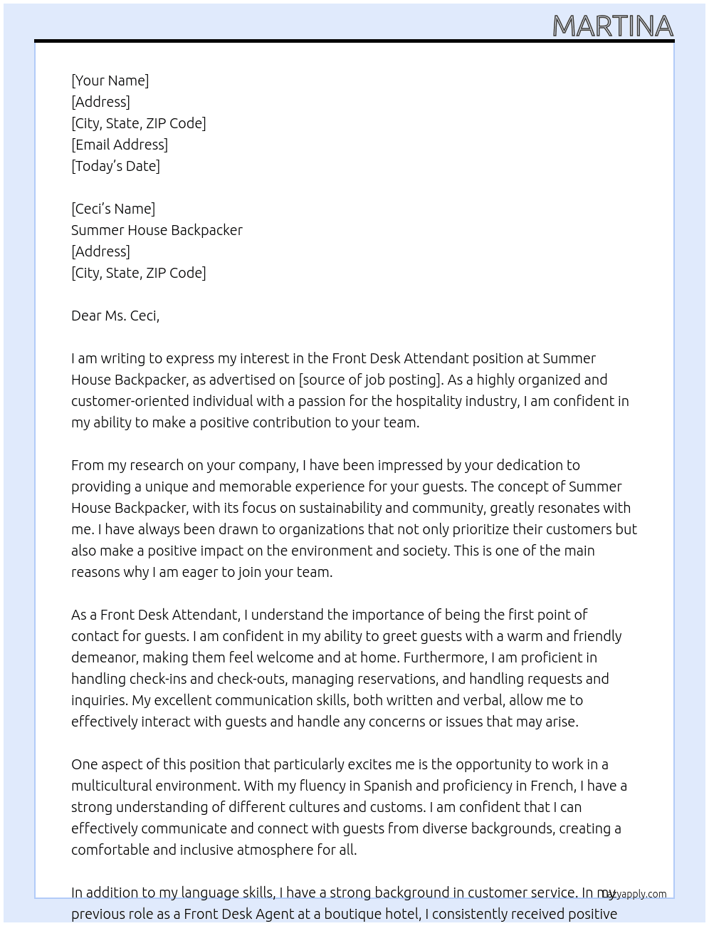 Front desk attendant At Summer House Backpacker Cover Letter