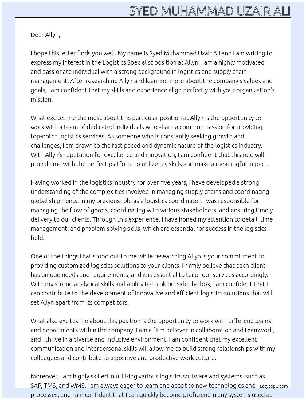 Logistics Specialist At Allyn Cover Letter
