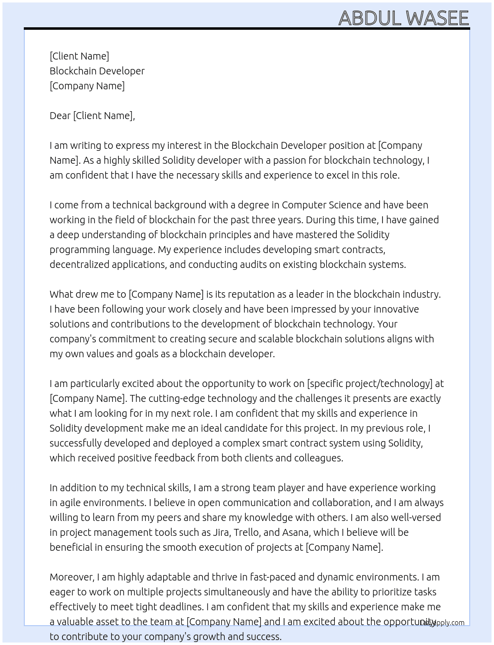 Blockchain Developer At xyz Cover Letter