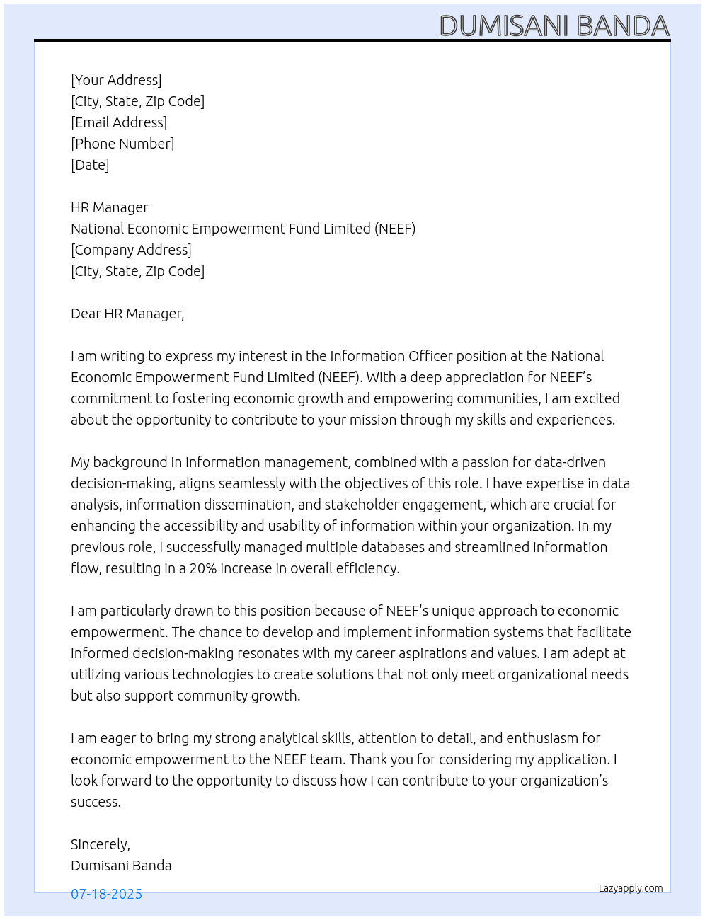 Cover letter for information officer - LazyApply