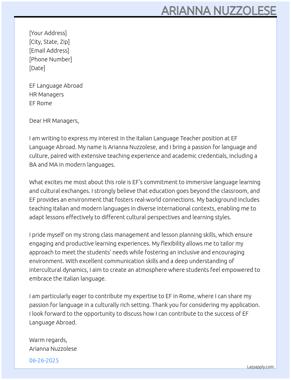 Cover letter for italian language teacher - LazyApply