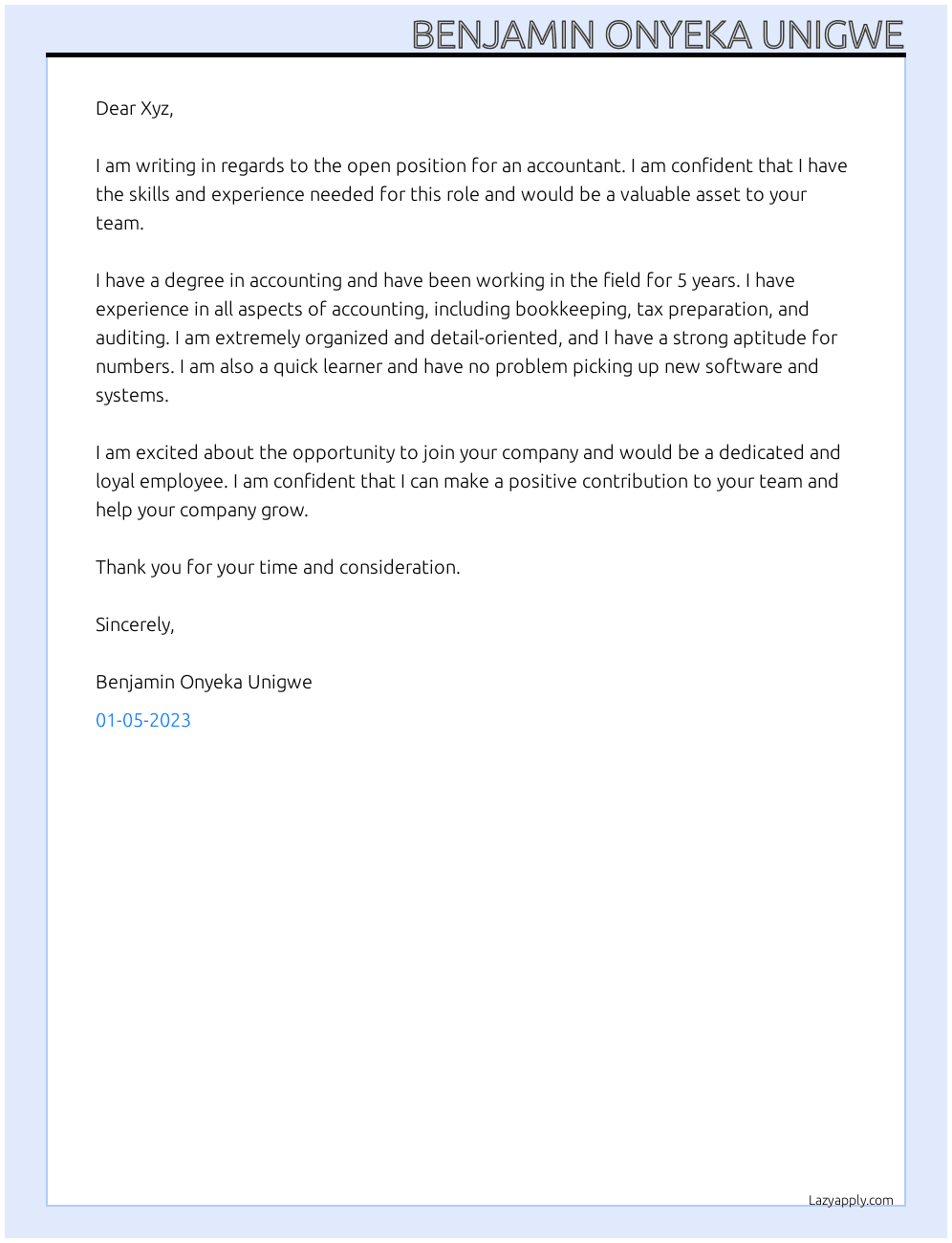 Accountancy  At Xyz Cover Letter