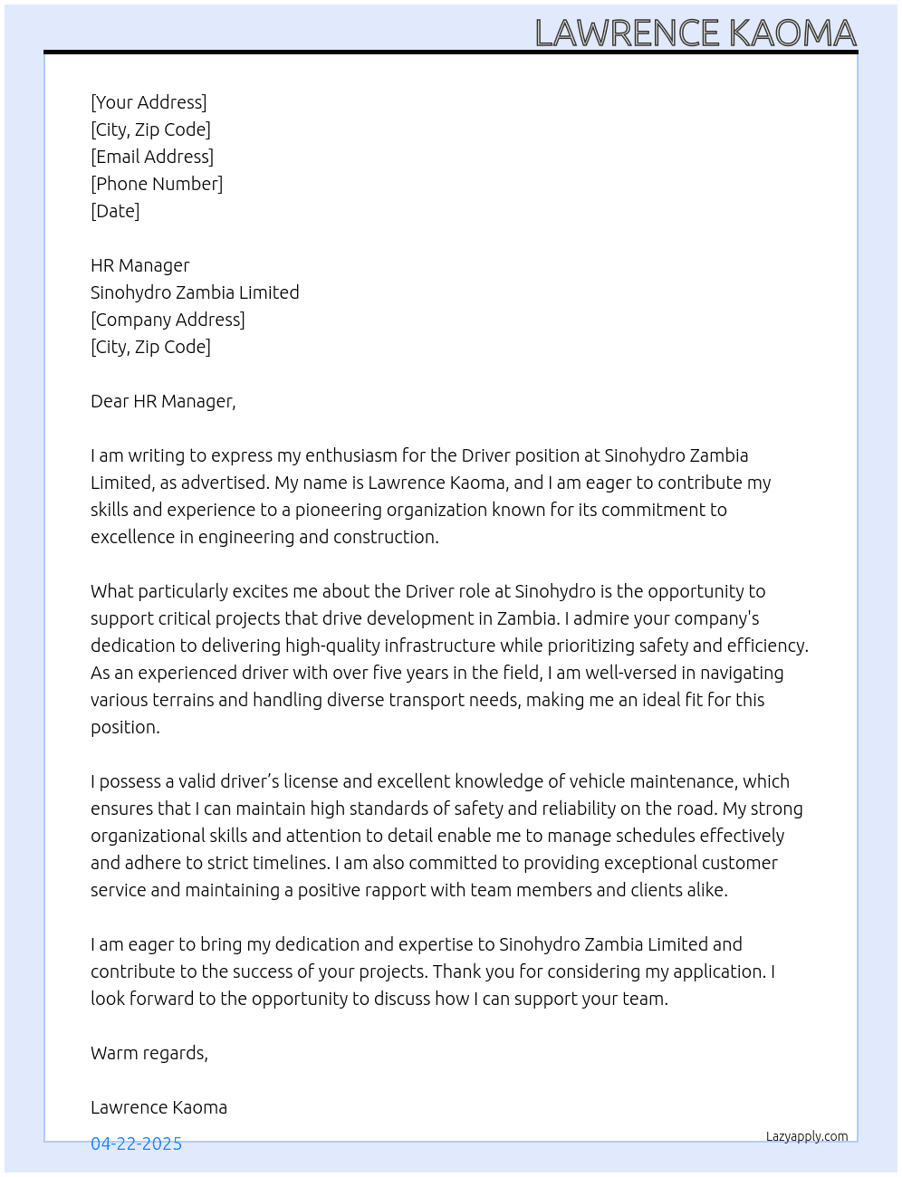 Driver At Sinohydro Zambia limited  Cover Letter