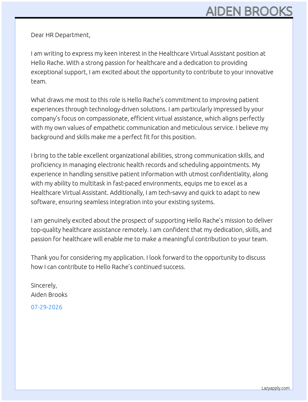 Cover letter for healthcare virtual assistant - LazyApply