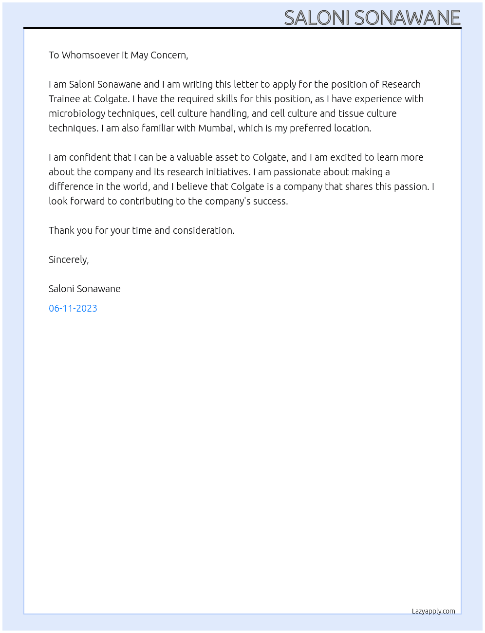 Research trainee At Colgate Cover Letter