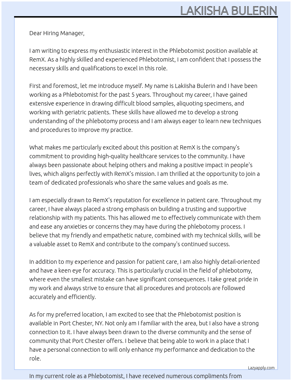 Phlebotomist At RemX Cover Letter