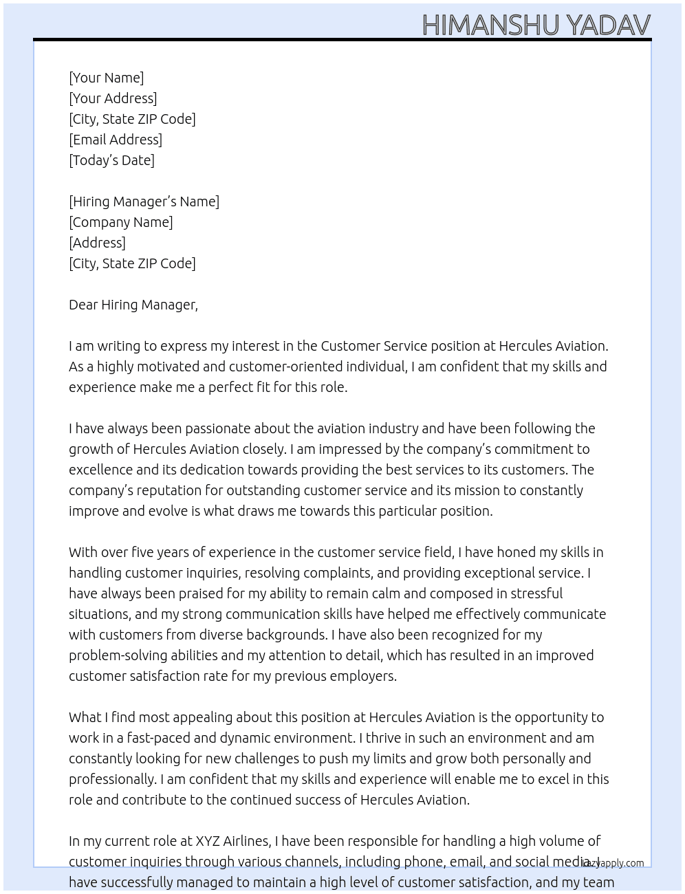 CUSTOMER SERVICE At HERCULES AVIATION  Cover Letter