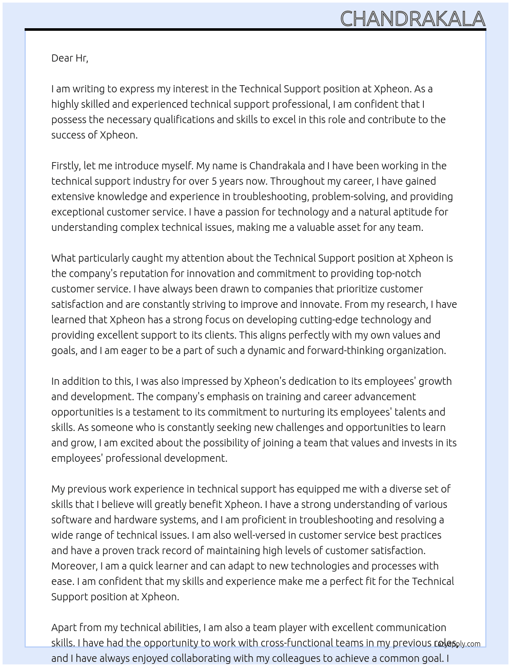 Technical support  At Xpheon Cover Letter
