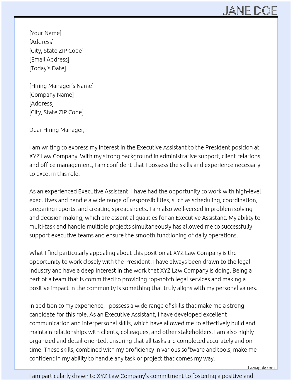 Executive Assistant to the President At XYZ Law Company Cover Letter