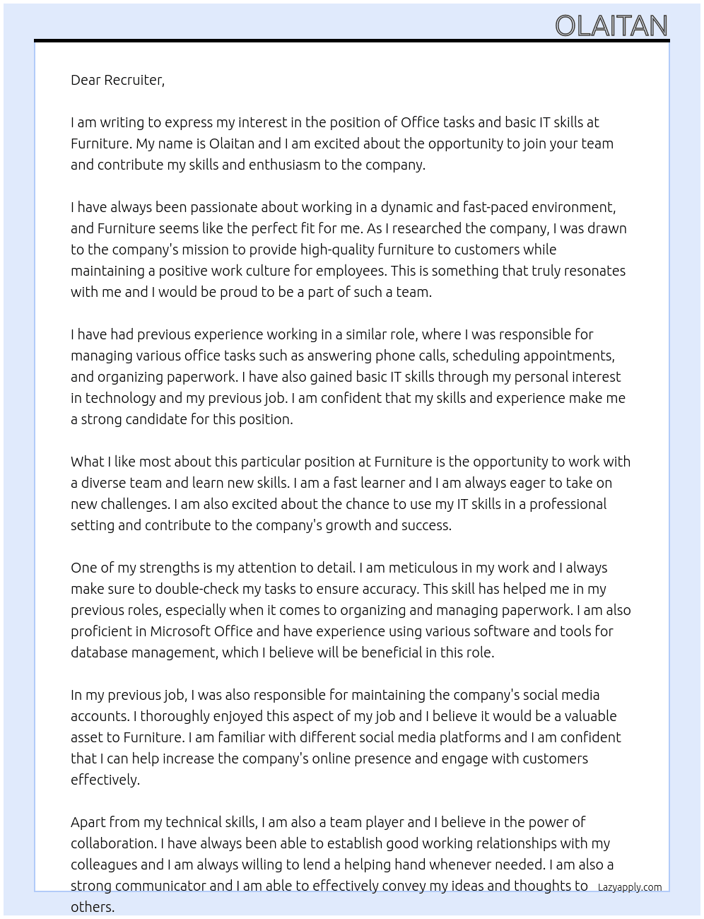 Office tasks and basic IT skills At Furniture Cover Letter