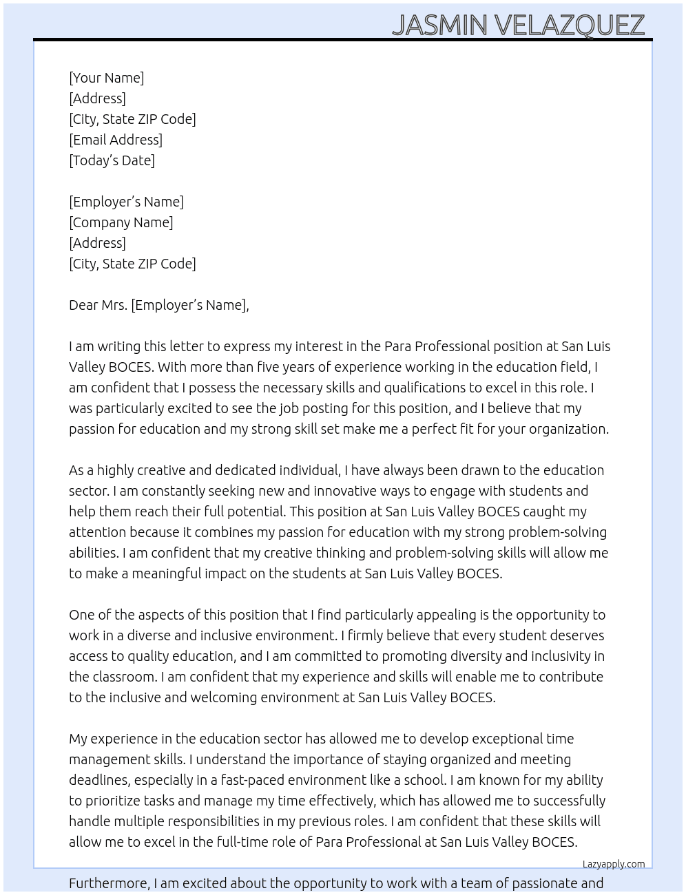 para professional  At san luis valley boces  Cover Letter