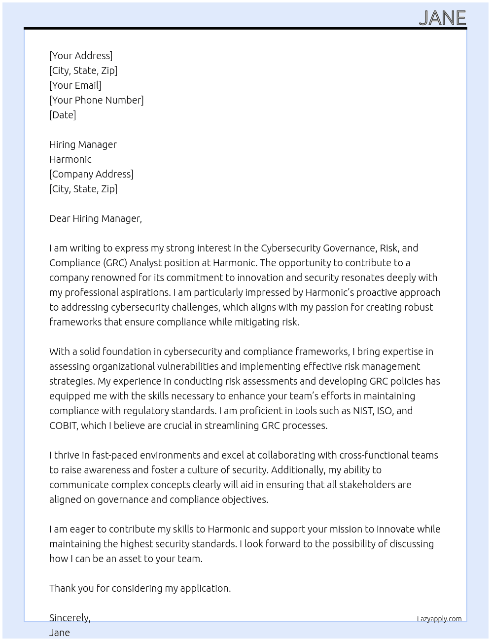 Cybersecurity Governance, Risk, and Compliance (GRC) Analyst  At Harmonic Cover Letter