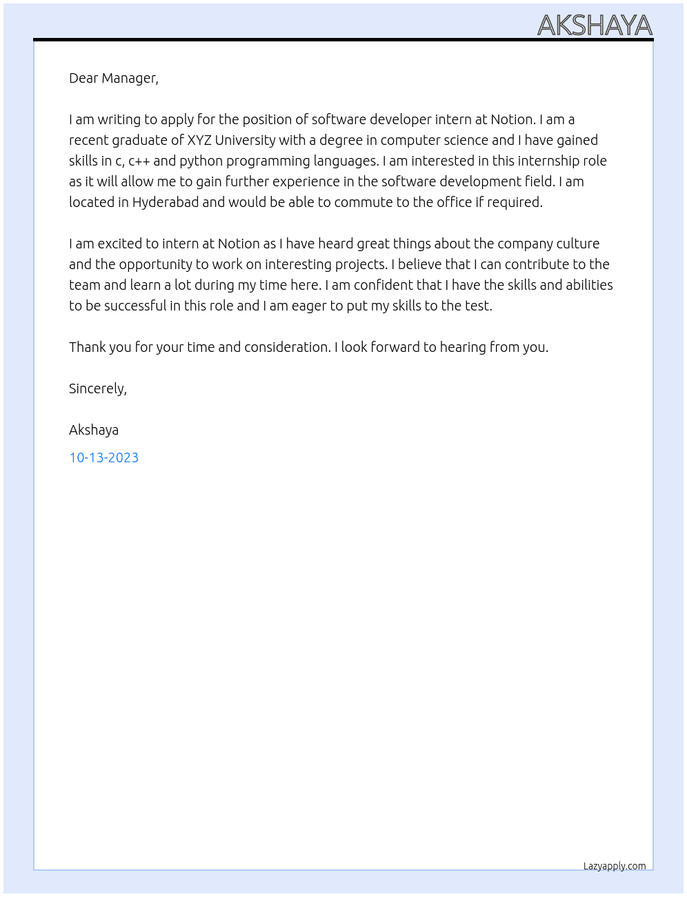 software developer intern At Notion Cover Letter