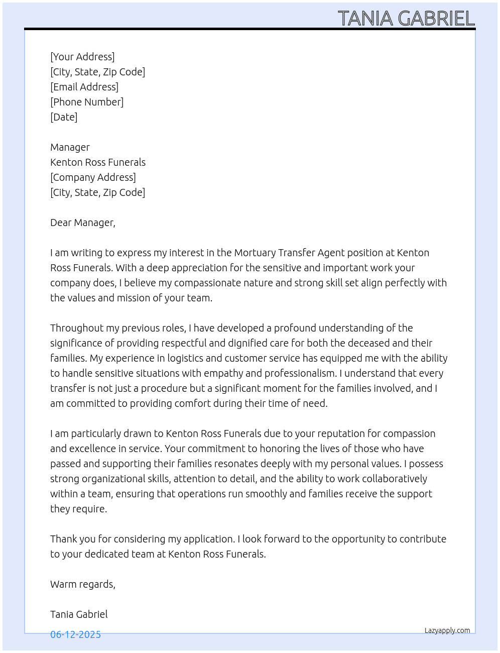 Mortuary Transfer Agent At Kenton Ross Funerals Cover Letter