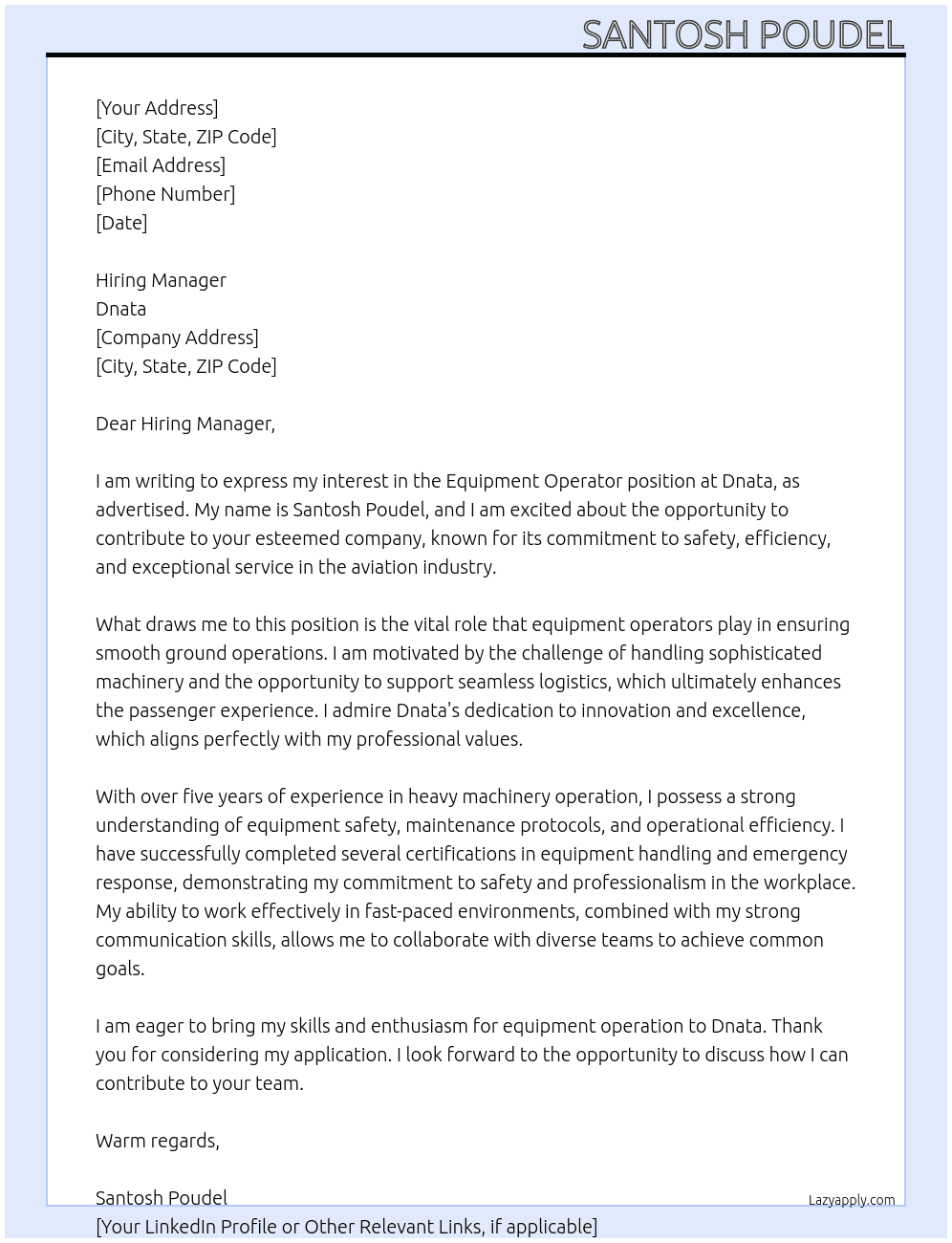 Equipment operator  At Dnata Cover Letter