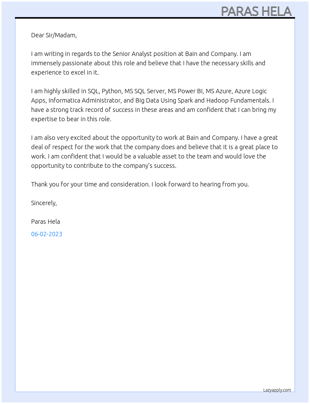 Senior Analyst  At Bain and Company  Cover Letter