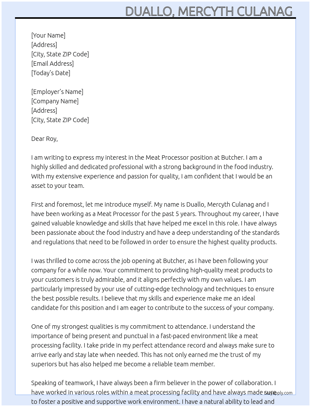 Meat processor  At Butcher  Cover Letter