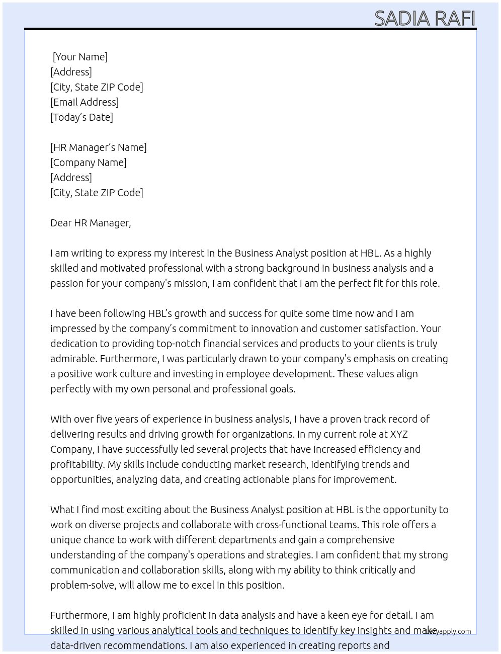 Business Analyst At HBL Cover Letter