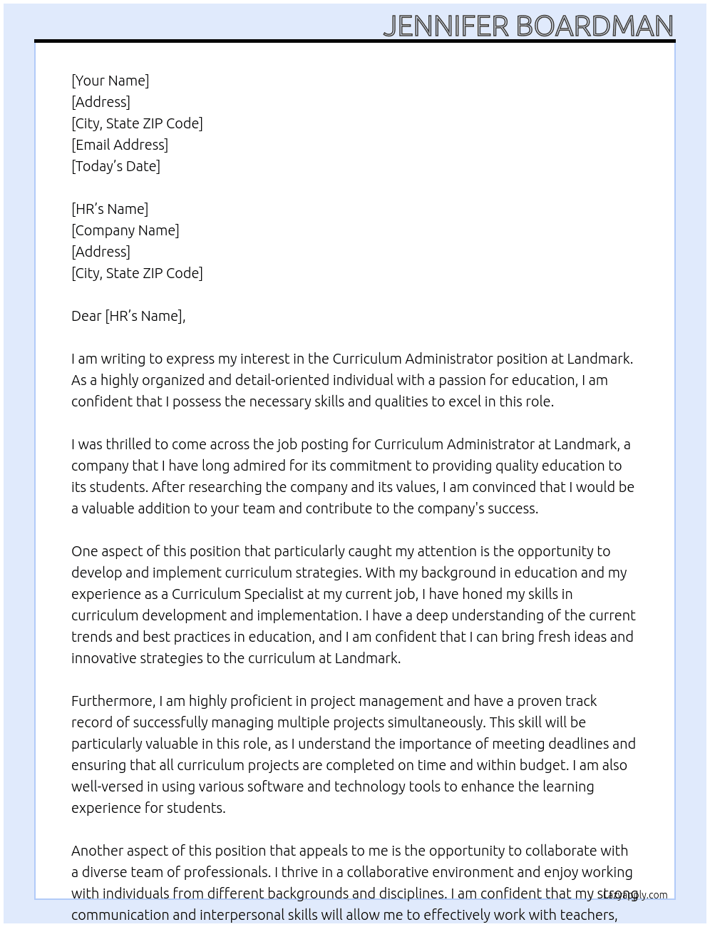 Cover letter for curriculum administrator - LazyApply