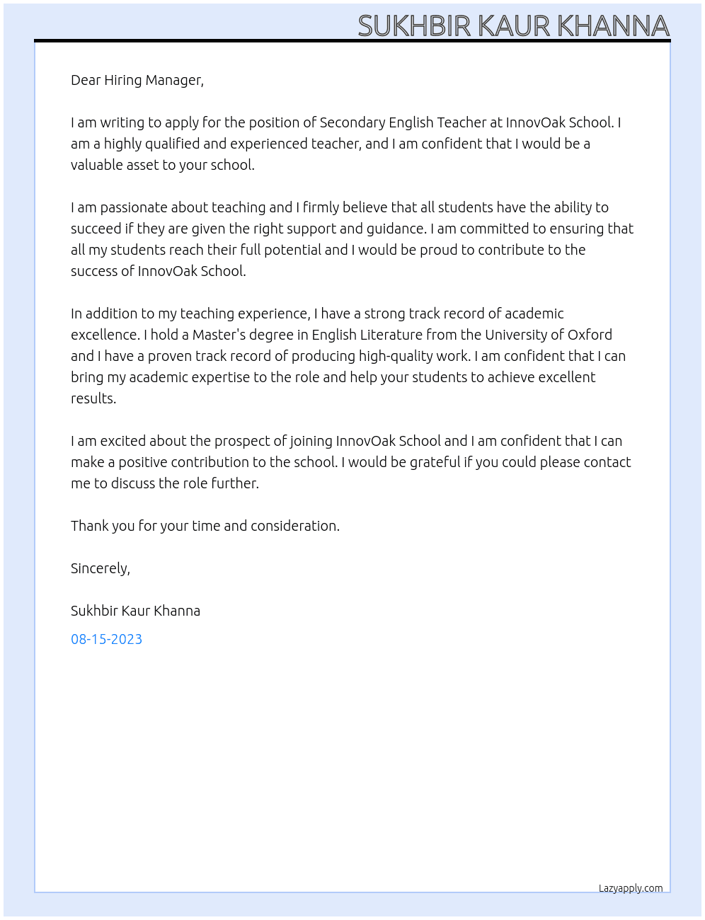 Secondary English Teacher At InnovOak School Cover Letter