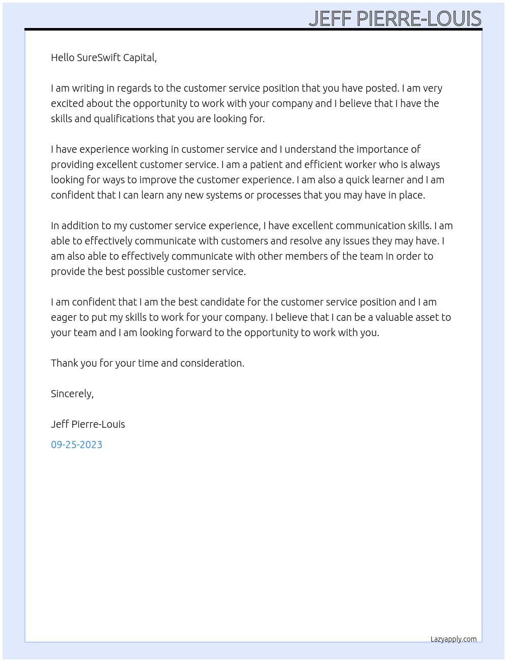 Customer Service At SureSwift Capital Cover Letter