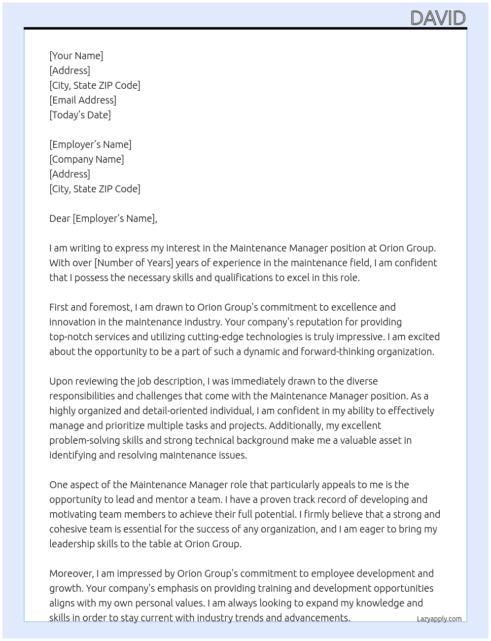 Maintenance Manager  At Orion Group Cover Letter