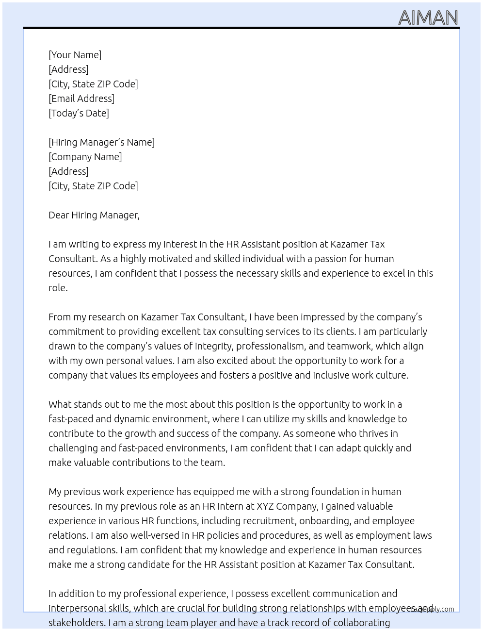 HR Assistant At Kazamer Tax Consultant Cover Letter
