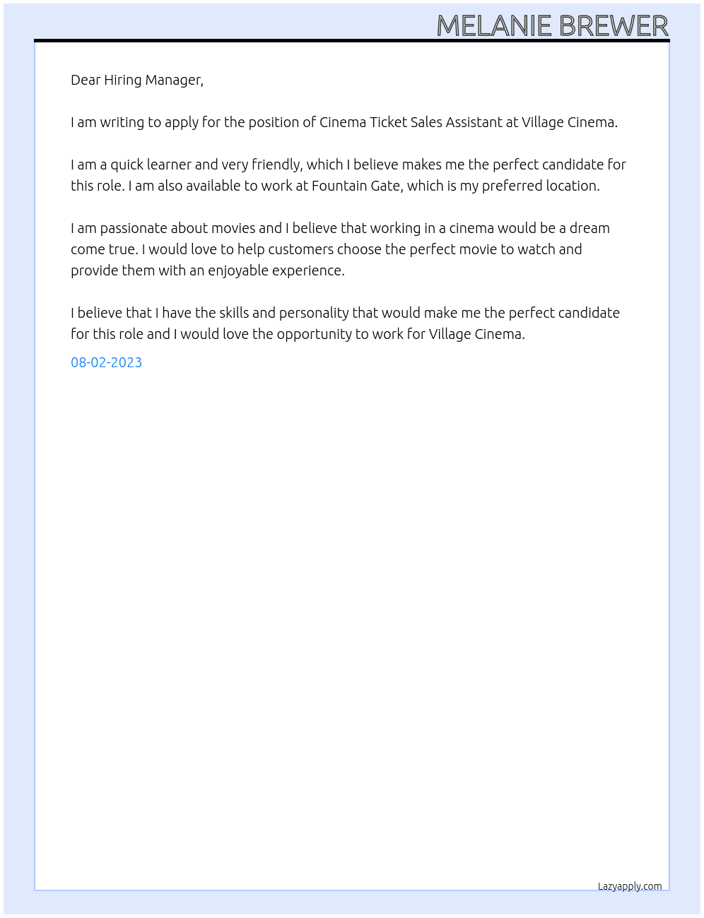 Cinema ticket sales assistant  At Village Cinema Cover Letter
